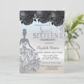 Glitzer Tropfen, Dress Black Rose Sweet 16 Einladu Einladung (Stehend Vorderseite)