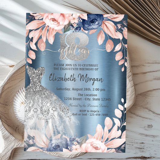 Glitzer Tropfen Dress Blume Blue Metallic 18. Einladung