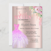 Glitzer Tropfen, Dress Blume Rose Gold Sweet 16 Einladung (Vorderseite)