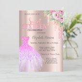 Glitzer Tropfen, Dress Blume Rose Gold Sweet 16 Einladung (Stehend Vorderseite)