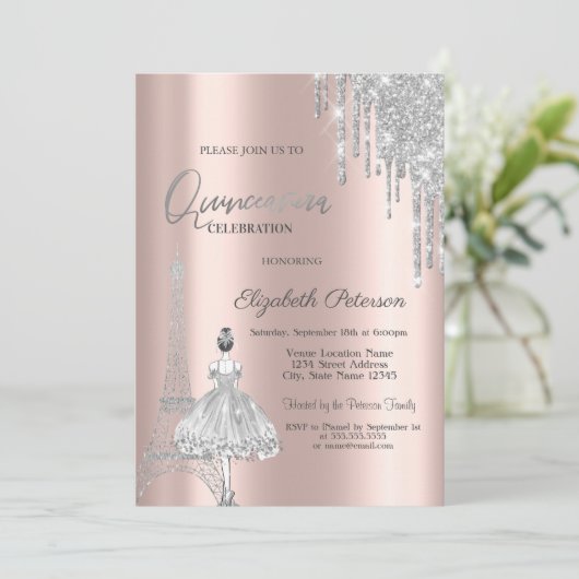 Glitzer Tropfen, Eiffelturm Ballerina Quinceañera Einladung (Stehend Vorderseite)