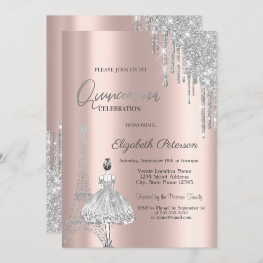 Glitzer Tropfen, Eiffelturm Ballerina Quinceañera Einladung (Vorne/Hinten)