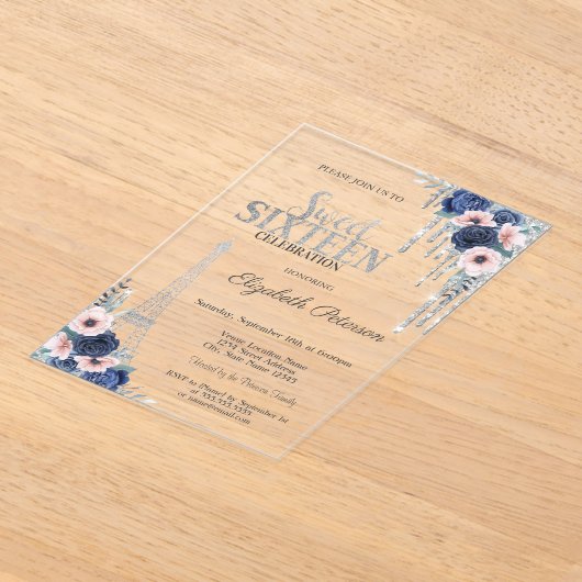 Glitzer Tropfen, Eiffelturm Blaue Rose Süß 16 Acryleinladungen (Ablage )