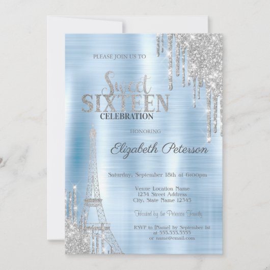 Glitzer Tropfen, Eiffelturm Blue Metallic Sweet 16 Einladung (Vorderseite)