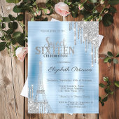 Glitzer Tropfen, Eiffelturm Blue Metallic Sweet 16 Einladung