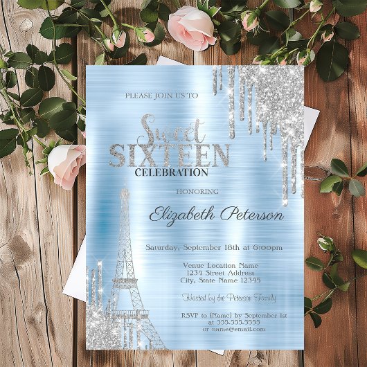 Glitzer Tropfen, Eiffelturm Blue Metallic Sweet 16 Einladung