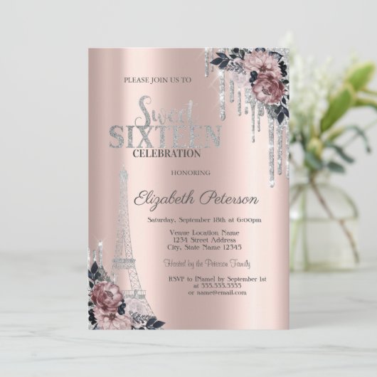 Glitzer Tropfen, Eiffelturm Blume Sweet 16 I Einladung (Stehend Vorderseite)