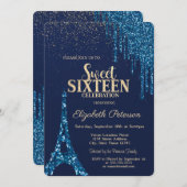Glitzer-Tropfen, Eiffelturm Navy Blue Sweet 16 Einladung (Vorne/Hinten)