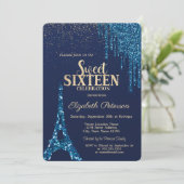 Glitzer-Tropfen, Eiffelturm Navy Blue Sweet 16 Einladung (Stehend Vorderseite)