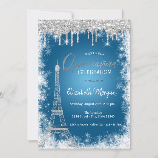 Glitzer-Tropfen, Eiffelturm, Schneeflocke Quinceñe Einladung (Vorderseite)
