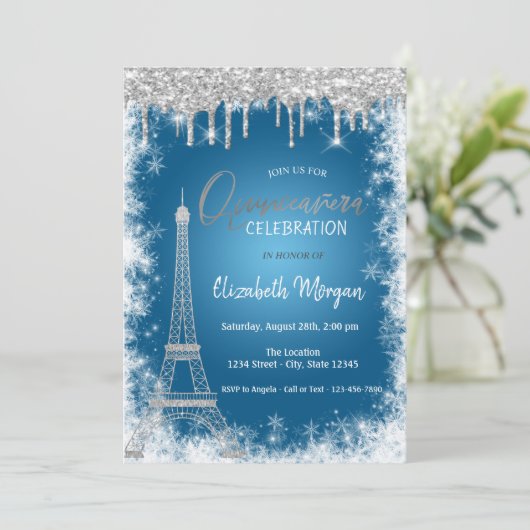 Glitzer-Tropfen, Eiffelturm, Schneeflocke Quinceñe Einladung (Stehend Vorderseite)