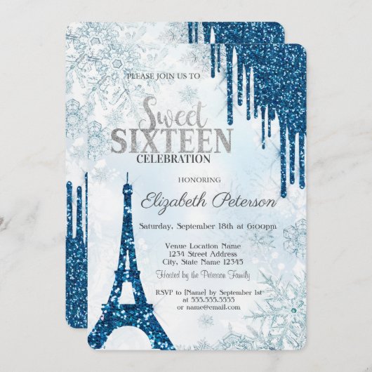 Glitzer-Tropfen, Eiffelturm-Schneeflocken Süß 16 Einladung (Vorne/Hinten)