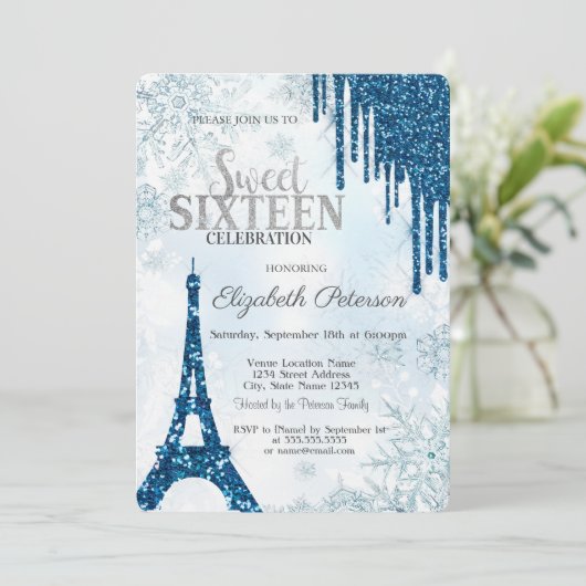 Glitzer-Tropfen, Eiffelturm-Schneeflocken Süß 16 Einladung (Stehend Vorderseite)