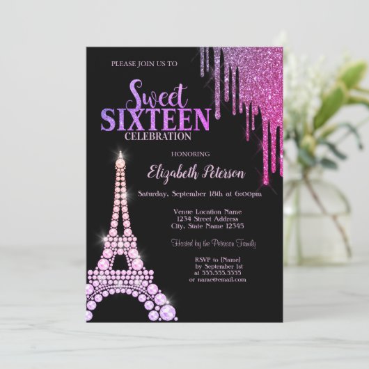 Glitzer-Tropfen, Eiffelturm Schwarzer Sweet 16 Einladung (Stehend Vorderseite)