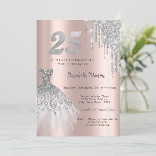 Glitzer Tropfen, Eiffelturmkleid 25. Geburtstag Einladung (Stehend Vorderseite)