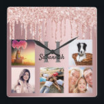 Glitzer Tropfen Foto Collage Rosa Metallfamilie Quadratische Wanduhr<br><div class="desc">Ein einzigartiges Geschenk oder eine Leckerei für sich selbst, die ihr/ihr Leben mit einer Collage von 5 eigenen Fotos, Bildern feiert. Personalisieren und fügen Sie einen Monogrammbuchstaben hinzu. Ein eleganter feminininer, rot-rosa Imitat metallisch aussehender Hintergrund. Grauer und schwarzer Text. Dekoriert mit Rose Gold und rosa Imitat Glitzer Tropfen. Der Name...</div>