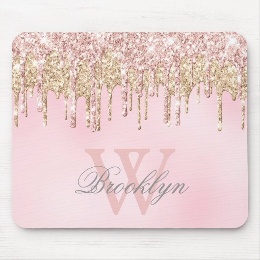 Glitzer Tropfen Girush Rosa Rose Gold Monogramm Mousepad (Vorne)