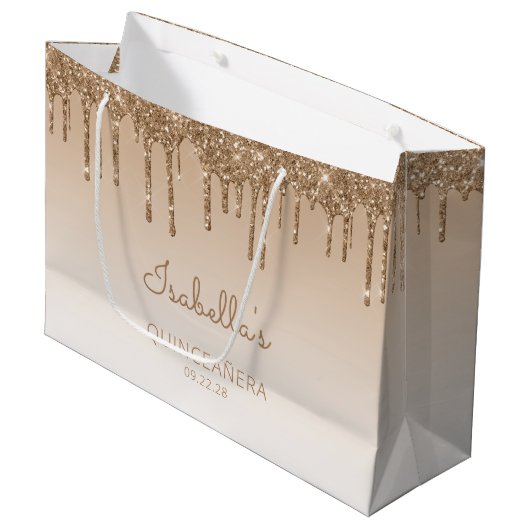 Glitzer Tropfen Gold Quinceñera Große Geschenktüte (Vorderseite Schrägansicht)