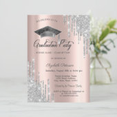 Glitzer Tropfen, Grad Cap, Rose Gold Abschluss Einladung (Stehend Vorderseite)
