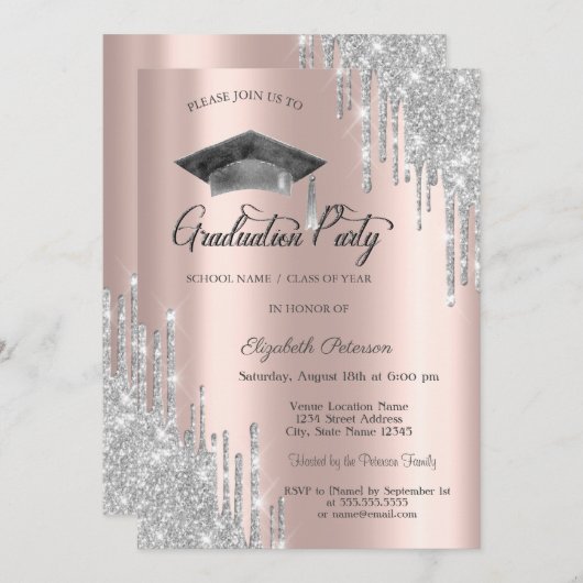 Glitzer Tropfen, Grad Cap, Rose Gold Abschluss Einladung (Vorne/Hinten)