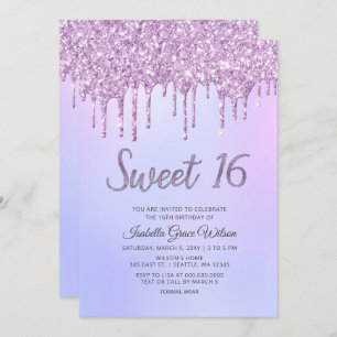 Glitzer Tropfen Holograph Lila Sweet 16 Birthday Einladung
