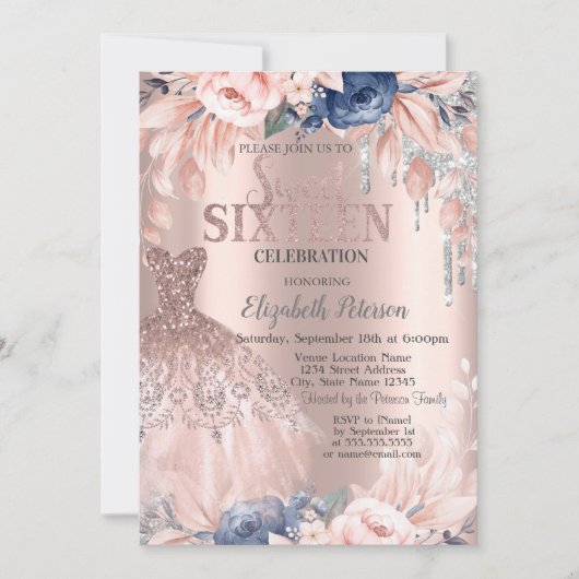Glitzer Tropfen, Kleid, Blume Rose Gold Süße 16 Einladung (Vorderseite)