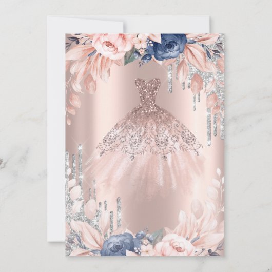 Glitzer Tropfen, Kleid, Blume Rose Gold Süße 16 Einladung (Rückseite)