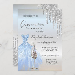 Glitzer-Tropfen, Kleid, Champagner-Glass Quinceañe Einladung