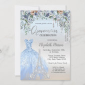 Glitzer Tropfen, Kleid, Eiffelturm Blauer Blumen Einladung (Vorderseite)