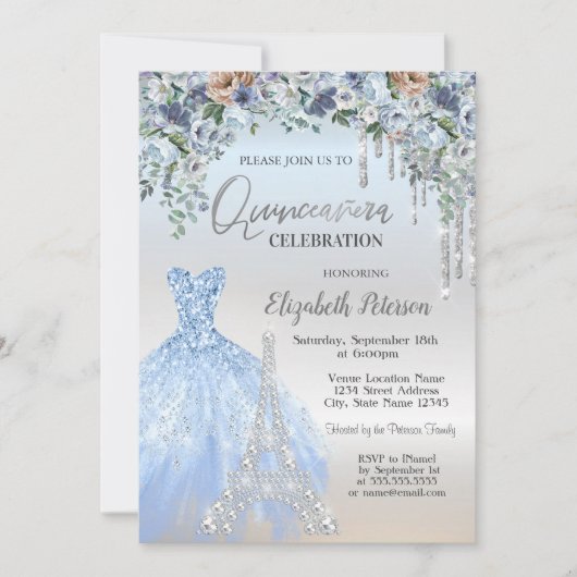 Glitzer Tropfen, Kleid, Eiffelturm Blauer Blumen Einladung (Vorderseite)