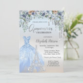 Glitzer Tropfen, Kleid, Eiffelturm Blauer Blumen Einladung (Stehend Vorderseite)