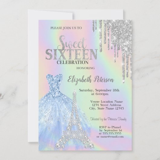 Glitzer-Tropfen, Kleid, Eiffelturm Opal Sweet 16 Einladung (Vorderseite)