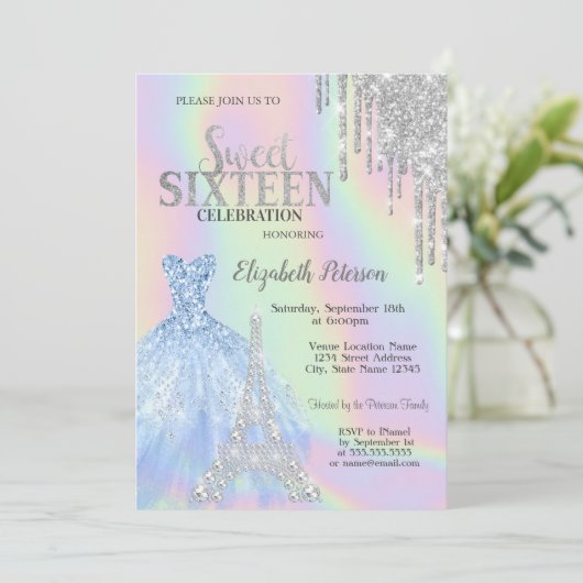 Glitzer-Tropfen, Kleid, Eiffelturm Opal Sweet 16 Einladung (Stehend Vorderseite)