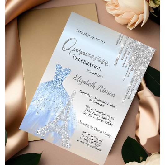 Glitzer-Tropfen, Kleid, Eiffelturm Quinceañera Einladung
