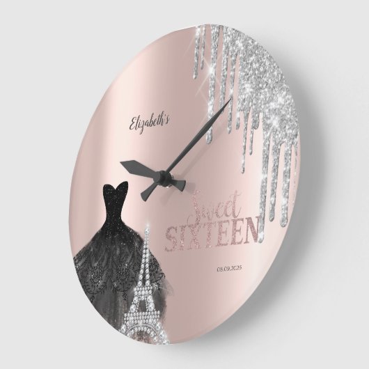 Glitzer Tropfen, Kleid, Eiffelturm Süß 16 Große Wanduhr (Winkel)