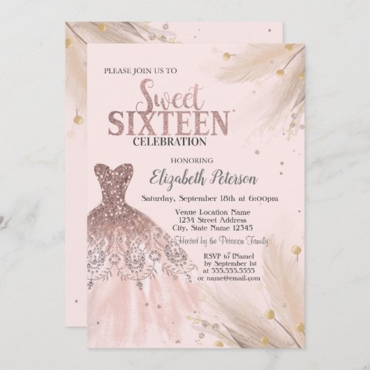 Glitzer-Tropfen, Kleid, Pampas, rosa Süße 16 Einladung (Vorne/Hinten)