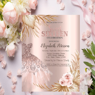 Glitzer Tropfen, Kleid, Pampas Rose Gold Sweet 16 Einladung