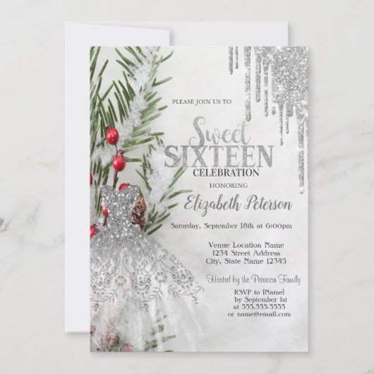 Glitzer Tropfen, Kleid Pine Tree Schnee Sweet 16 Einladung (Vorderseite)