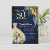 Glitzer Tropfen, Kleid, Sonnenblumen Blau 80. Gebu Einladung (Stehend Vorderseite)