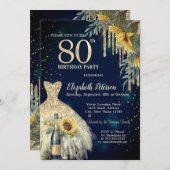 Glitzer Tropfen, Kleid, Sonnenblumen Blau 80. Gebu Einladung (Vorne/Hinten)