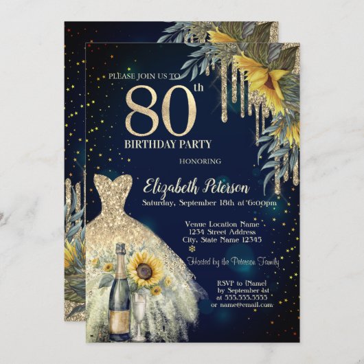 Glitzer Tropfen, Kleid, Sonnenblumen Blau 80. Gebu Einladung (Vorne/Hinten)