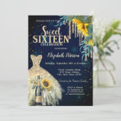 Glitzer-Tropfen, Kleid, Sonnenblumen Blauer Sweet  Einladung (Stehend Vorderseite)