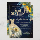 Glitzer-Tropfen, Kleid, Sonnenblumen Blauer Sweet  Einladung (Vorne/Hinten)