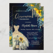 Glitzer-Tropfen, Kleid, Sonnenblumen, Blaues Quinc Einladung (Vorne/Hinten)