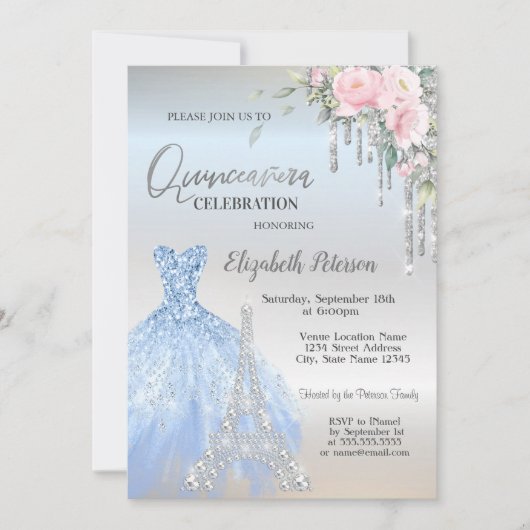 Glitzer Tropfen, Kleidung, Eiffelturm Rose Quincea Einladung (Vorderseite)