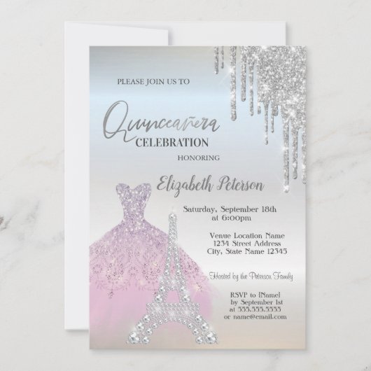 Glitzer-Tropfen, Lavander-Kleid, Eiffel Quinceañer Einladung (Vorderseite)
