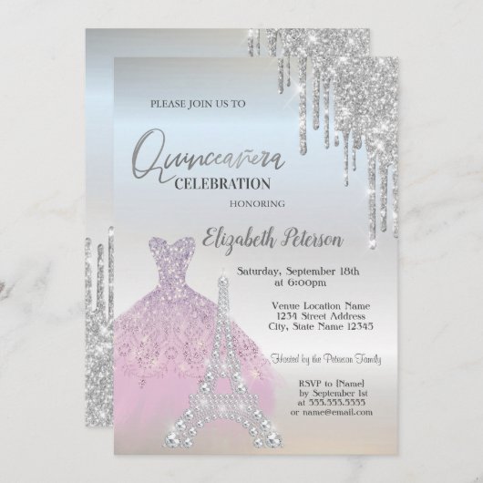 Glitzer-Tropfen, Lavander-Kleid, Eiffel Quinceañer Einladung (Vorne/Hinten)