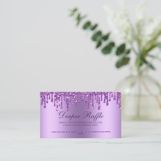 Glitzer Tropfen Lila Babydusche Windeln Raffle Enc Begleitkarte (Stehend Vorderseite)