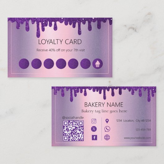 Glitzer Tropfen Lila Kuchen Bäckerei Treuekarte (Vorne/Hinten)