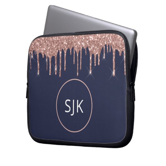 Glitzer Tropfen Mit Monogramm Navy Blue Rose Gold Laptopschutzhülle (Vorderseite Links)